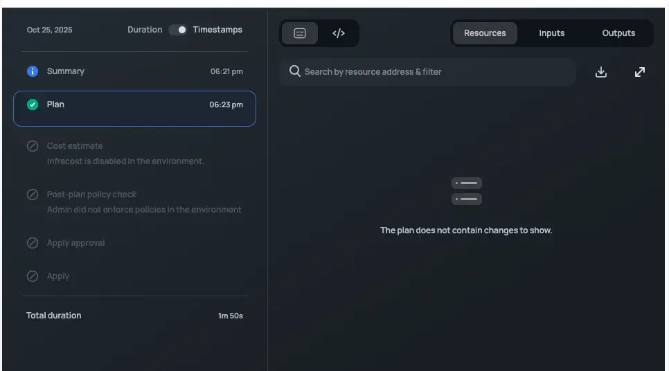 Terraform plan showing no changes
