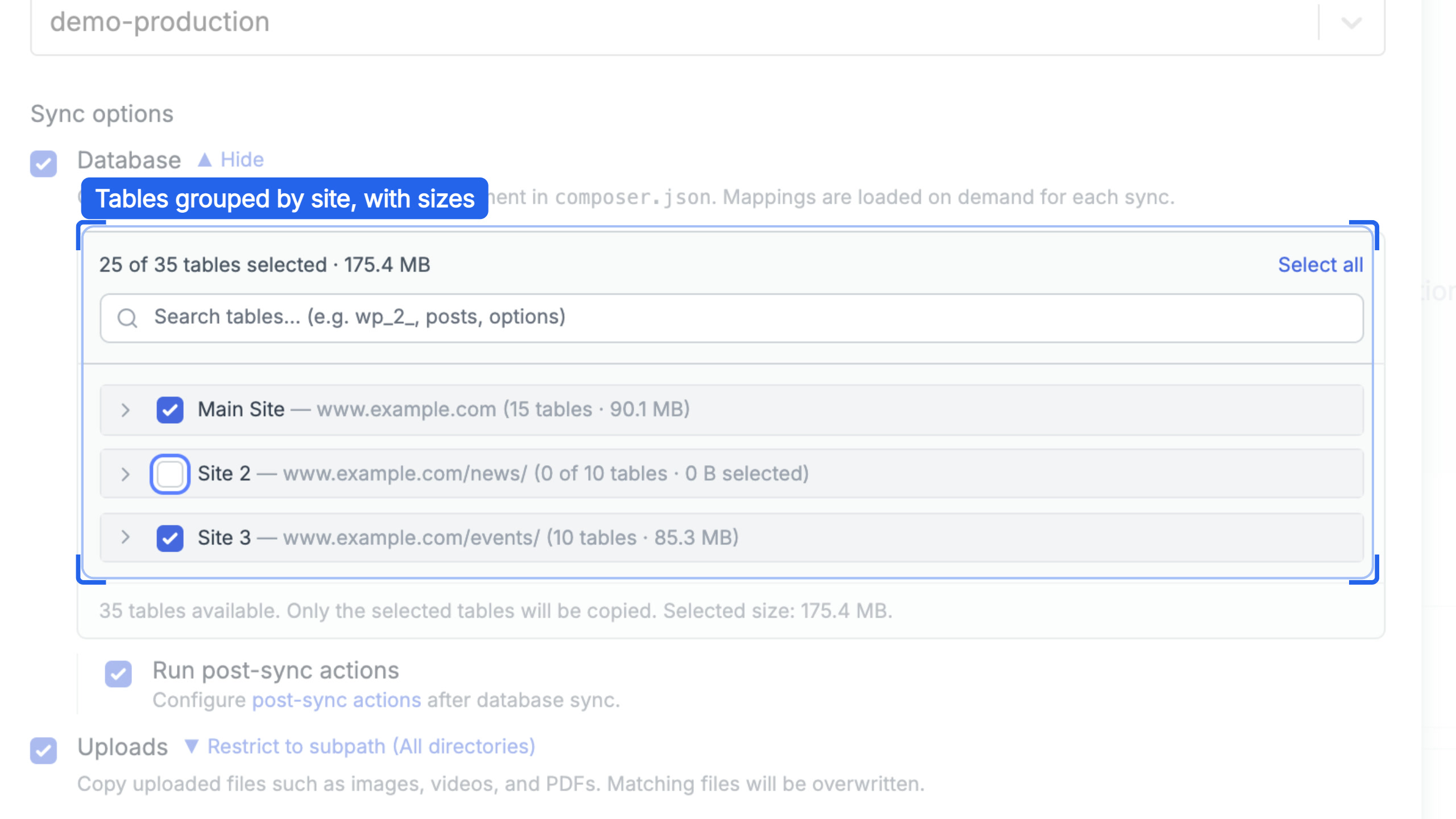 The Environment Sync v2 dialog with tables grouped by site, with sizes, and one subsite unticked